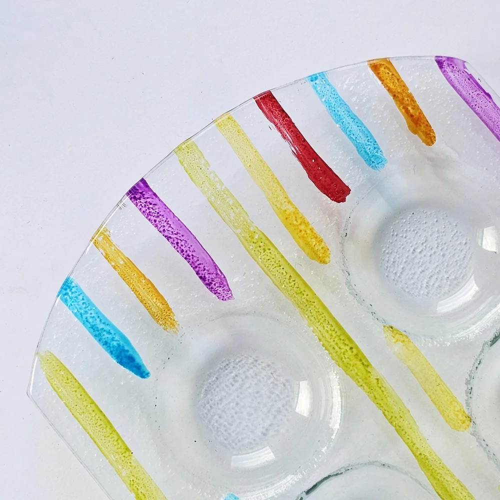 Striped Contemporary Style Fused Glass Candle Holder Tray Six Tea Light Candles